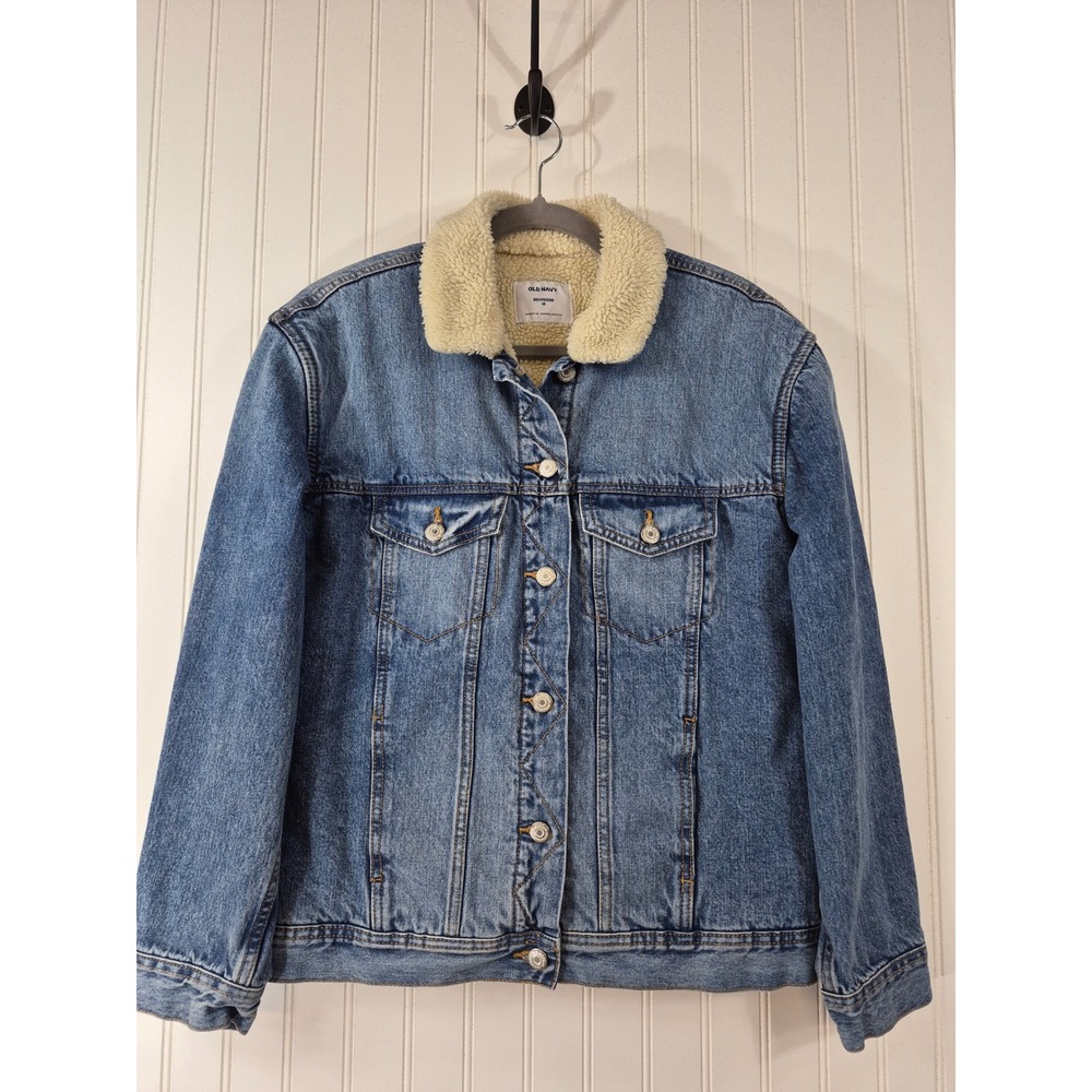 Old Navy Women Boyfriend Denim Jacket Medium Wash Sherpa Lined Trucker Medium